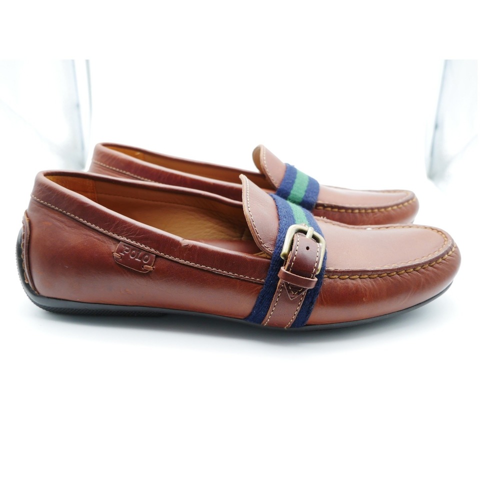 Polo Ralph Lauren Riali Brown Leather Driving Loafers Striped Buckle Mens 8.5D